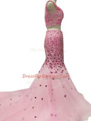 Brush Train Two Pieces Homecoming Dress Baby Pink Straps Tulle Sleeveless Zipper