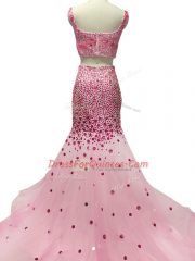 Brush Train Two Pieces Homecoming Dress Baby Pink Straps Tulle Sleeveless Zipper