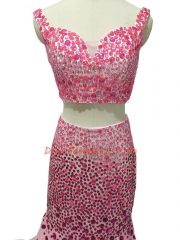 Brush Train Two Pieces Homecoming Dress Baby Pink Straps Tulle Sleeveless Zipper