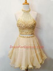 Fashion Champagne Lace Up Halter Top Beading Dama Dress Organza Sleeveless