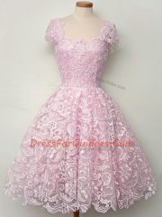 Graceful Lace Dama Dress for Quinceanera Lilac Lace Up Cap Sleeves Knee Length