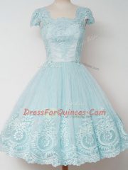 Adorable Cap Sleeves Tulle Knee Length Zipper Quinceanera Court Dresses in Aqua Blue with Lace