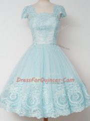 Adorable Cap Sleeves Tulle Knee Length Zipper Quinceanera Court Dresses in Aqua Blue with Lace