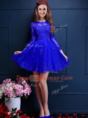 Blue A-line Scalloped 3 4 Length Sleeve Chiffon Mini Length Lace Up Beading and Lace and Appliques Quinceanera Court Dresses