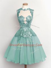 Latest Sleeveless Chiffon Knee Length Lace Up Quinceanera Court Dresses in Light Blue with Lace
