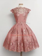 Glamorous Pink A-line Scalloped Cap Sleeves Tulle Knee Length Lace Up Lace Vestidos de Damas