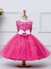 Hot Pink Little Girl Pageant Gowns Wedding Party with Lace and Bowknot Scoop Sleeveless Zipper