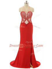 Fashion Red Prom and Party and Military Ball with Beading High-neck Sleeveless Brush Train Backless