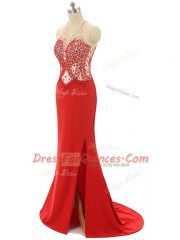 Fashion Red Prom and Party and Military Ball with Beading High-neck Sleeveless Brush Train Backless