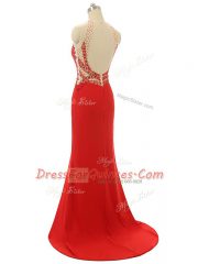 Fashion Red Prom and Party and Military Ball with Beading High-neck Sleeveless Brush Train Backless