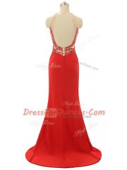 Fashion Red Prom and Party and Military Ball with Beading High-neck Sleeveless Brush Train Backless