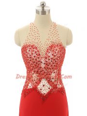 Fashion Red Prom and Party and Military Ball with Beading High-neck Sleeveless Brush Train Backless