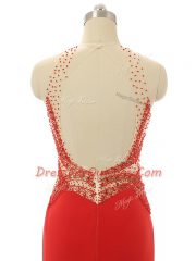 Fashion Red Prom and Party and Military Ball with Beading High-neck Sleeveless Brush Train Backless