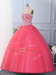 Sumptuous Floor Length Lace Up Sweet 16 Quinceanera Dress Hot Pink for Wedding Party with Beading