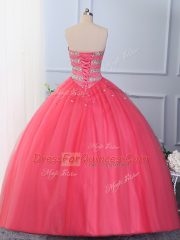 Sumptuous Floor Length Lace Up Sweet 16 Quinceanera Dress Hot Pink for Wedding Party with Beading