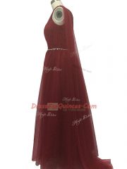 Sleeveless Beading and Pleated Zipper Homecoming Dress with Burgundy Sweep Train
