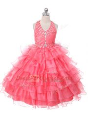 On Sale Coral Red Sleeveless Beading and Ruffled Layers Floor Length Flower Girl Dress