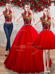 Red Sleeveless Organza Lace Up 15 Quinceanera Dress for Military Ball and Sweet 16 and Quinceanera