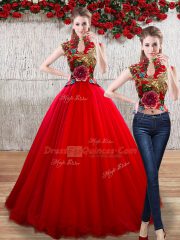 Red Sleeveless Organza Lace Up 15 Quinceanera Dress for Military Ball and Sweet 16 and Quinceanera