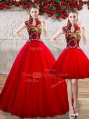 Red Sleeveless Organza Lace Up 15 Quinceanera Dress for Military Ball and Sweet 16 and Quinceanera