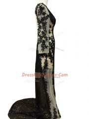 Spectacular One Shoulder Long Sleeves Tulle Prom Dresses Beading and Appliques Side Zipper