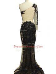 Spectacular One Shoulder Long Sleeves Tulle Prom Dresses Beading and Appliques Side Zipper