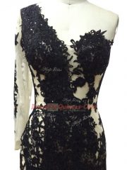 Spectacular One Shoulder Long Sleeves Tulle Prom Dresses Beading and Appliques Side Zipper