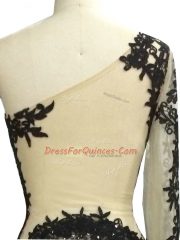 Spectacular One Shoulder Long Sleeves Tulle Prom Dresses Beading and Appliques Side Zipper