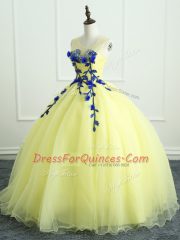 Custom Made Floor Length Light Yellow Quince Ball Gowns Scoop Sleeveless Lace Up