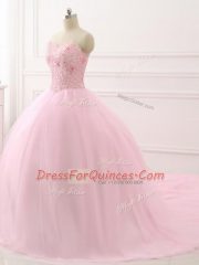 Ideal Baby Pink Sleeveless Tulle Brush Train Lace Up Quinceanera Dress for Military Ball and Sweet 16 and Quinceanera