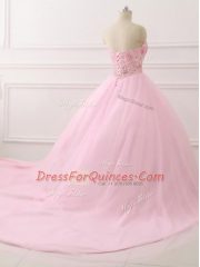 Ideal Baby Pink Sleeveless Tulle Brush Train Lace Up Quinceanera Dress for Military Ball and Sweet 16 and Quinceanera
