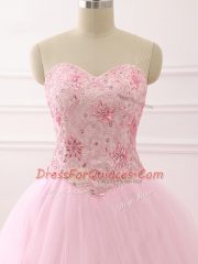 Ideal Baby Pink Sleeveless Tulle Brush Train Lace Up Quinceanera Dress for Military Ball and Sweet 16 and Quinceanera