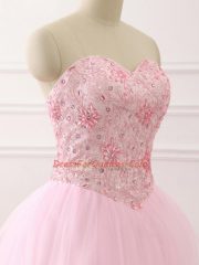 Ideal Baby Pink Sleeveless Tulle Brush Train Lace Up Quinceanera Dress for Military Ball and Sweet 16 and Quinceanera