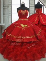 Custom Design Wine Red Quince Ball Gowns Satin and Organza Brush Train Sleeveless Beading and Embroidery and Ruffles