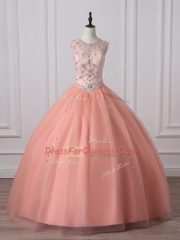 Scoop Sleeveless Zipper Ball Gown Prom Dress Peach Tulle