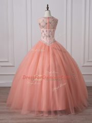 Scoop Sleeveless Zipper Ball Gown Prom Dress Peach Tulle