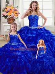 Royal Blue Ball Gowns Organza Strapless Sleeveless Beading and Ruffles Floor Length Lace Up Quinceanera Dresses