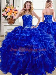 Royal Blue Ball Gowns Organza Strapless Sleeveless Beading and Ruffles Floor Length Lace Up Quinceanera Dresses