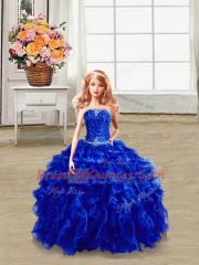 Royal Blue Ball Gowns Organza Strapless Sleeveless Beading and Ruffles Floor Length Lace Up Quinceanera Dresses