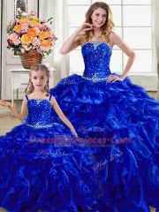 Royal Blue Ball Gowns Organza Strapless Sleeveless Beading and Ruffles Floor Length Lace Up Quinceanera Dresses