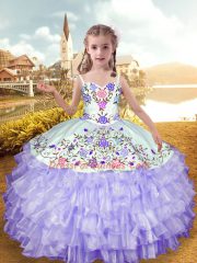 Fashionable Lavender Sleeveless Floor Length Embroidery and Ruffled Layers Lace Up Little Girl Pageant Dress
