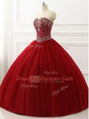 Pretty Floor Length Wine Red Quinceanera Gowns Sweetheart Sleeveless Lace Up