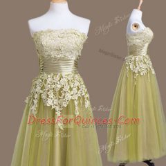 Decent Sleeveless Tea Length Appliques Lace Up Court Dresses for Sweet 16 with Olive Green