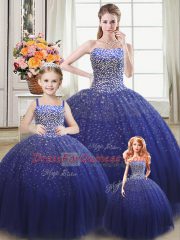 Hot Sale Royal Blue Strapless Neckline Beading Ball Gown Prom Dress Sleeveless Lace Up