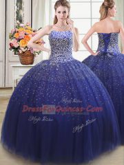 Hot Sale Royal Blue Strapless Neckline Beading Ball Gown Prom Dress Sleeveless Lace Up