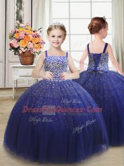 Hot Sale Royal Blue Strapless Neckline Beading Ball Gown Prom Dress Sleeveless Lace Up