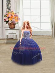 Hot Sale Royal Blue Strapless Neckline Beading Ball Gown Prom Dress Sleeveless Lace Up