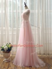 Fitting Cap Sleeves Brush Train Beading and Lace Zipper Dama Dress for Quinceanera