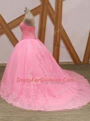 Sleeveless Beading and Lace Lace Up Quinceanera Dresses with Rose Pink Brush Train