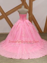 Sleeveless Beading and Lace Lace Up Quinceanera Dresses with Rose Pink Brush Train